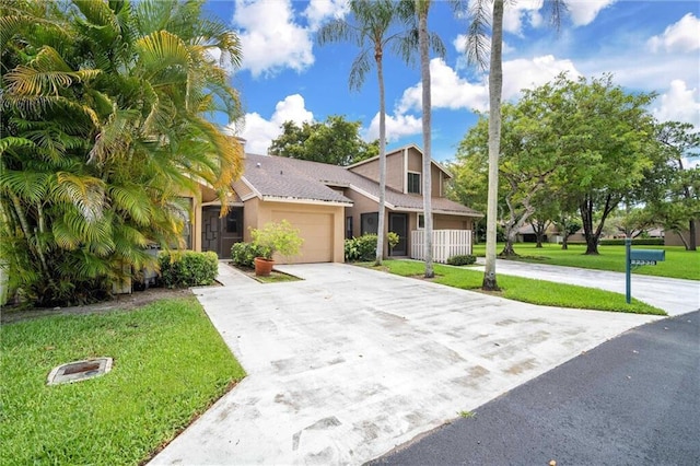 view of front of house featuring a front yard, a garage, driveway, and stucco siding