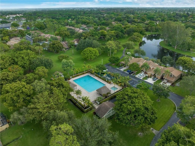 birds eye view of property featuring a water view