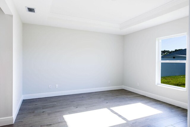 2372 SW Import Dr, Port Saint Lucie, FL 34953 - spare room featuring a tray ceiling, baseboards, and wood finished floors