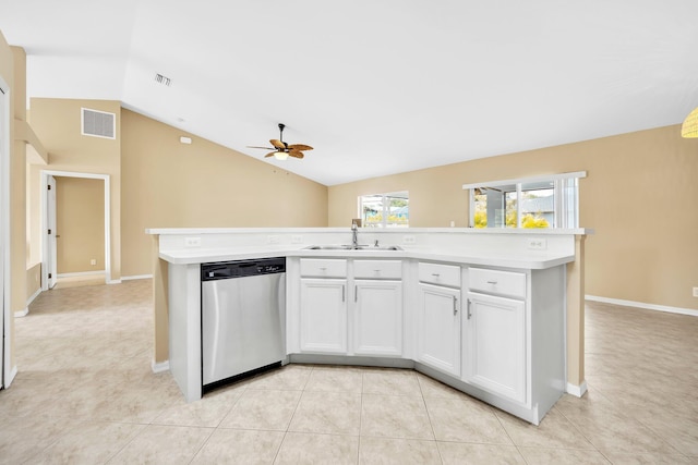 1355 SW Porter Rd, Port Saint Lucie, FL 34953 - kitchen with visible vents, dishwasher, ceiling fan, a sink, and vaulted ceiling
