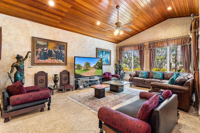 16090 Rio Del Paz, Delray Beach, FL 33446 - living room featuring wooden ceiling, vaulted ceiling, recessed lighting, ceiling fan, and a textured wall