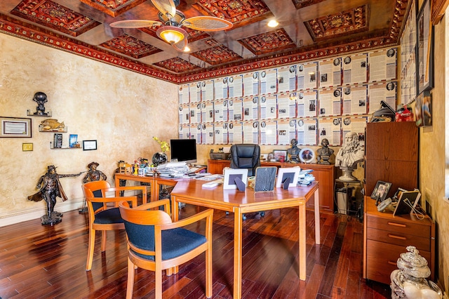 16090 Rio Del Paz, Delray Beach, FL 33446 - office with wood-type flooring, coffered ceiling, ceiling fan, baseboards, and beamed ceiling