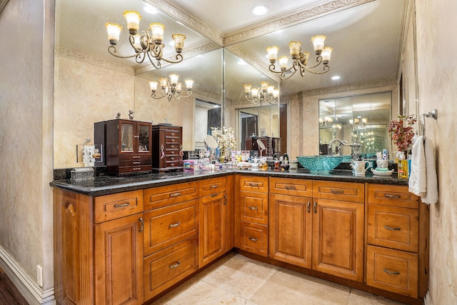 16090 Rio Del Paz, Delray Beach, FL 33446 - full bathroom with a chandelier, double vanity, tile patterned floors, and ornamental molding