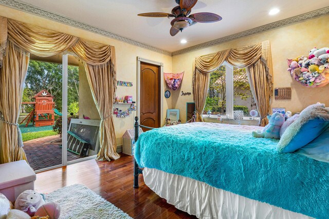 16090 Rio Del Paz, Delray Beach, FL 33446 - bedroom with access to exterior, hardwood / wood-style floors, ornamental molding, recessed lighting, and ceiling fan