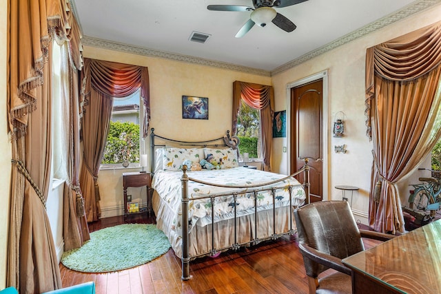 16090 Rio Del Paz, Delray Beach, FL 33446 - bedroom featuring hardwood / wood-style flooring, multiple windows, baseboards, ornamental molding, and a ceiling fan