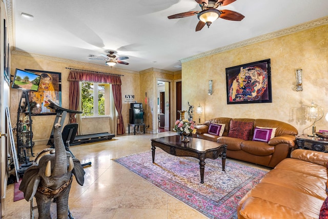 16090 Rio Del Paz, Delray Beach, FL 33446 - living room with a ceiling fan and ornamental molding