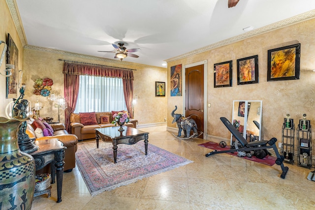 16090 Rio Del Paz, Delray Beach, FL 33446 - living room with ceiling fan, crown molding, and baseboards