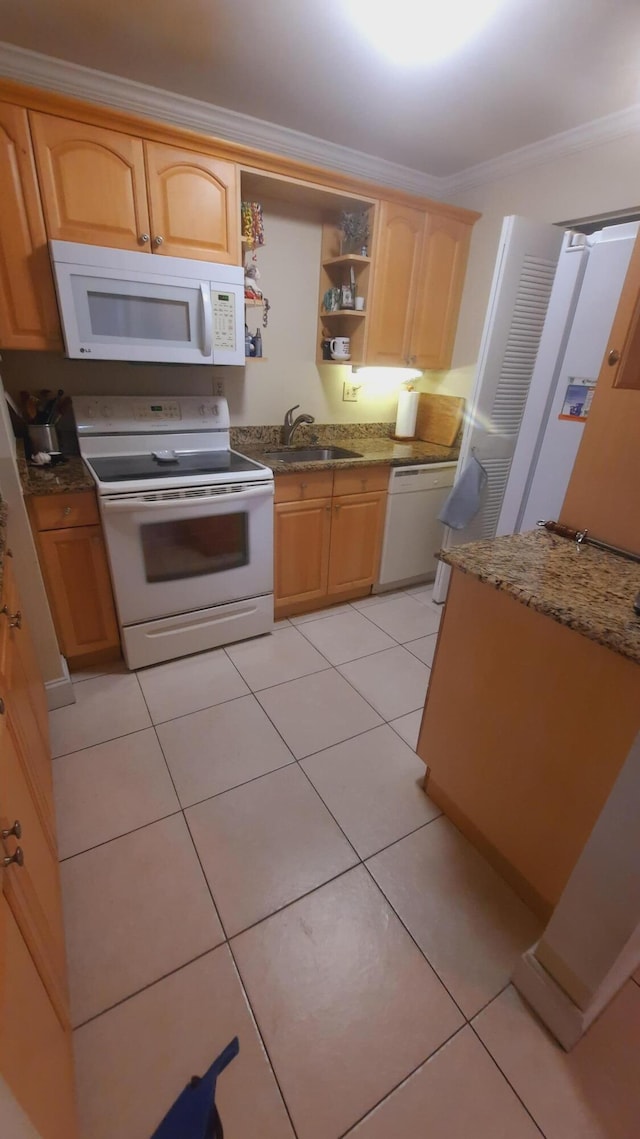 kitchen featuring white appliances, a sink, open shelves, ornamental molding, and light tile patterned flooring
