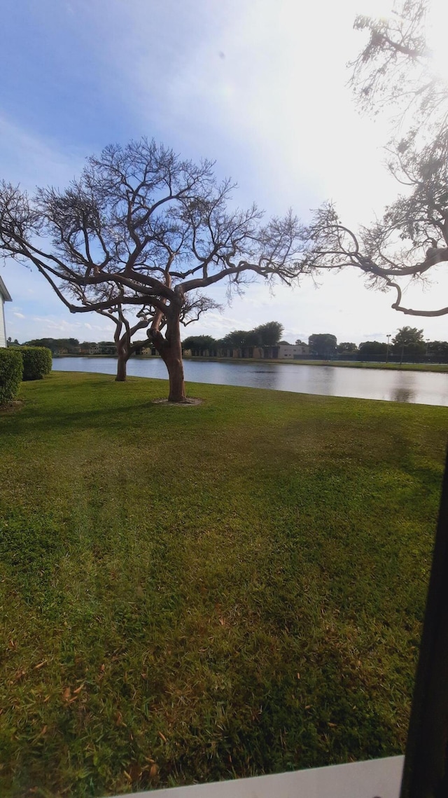 view of green lawn featuring a water view