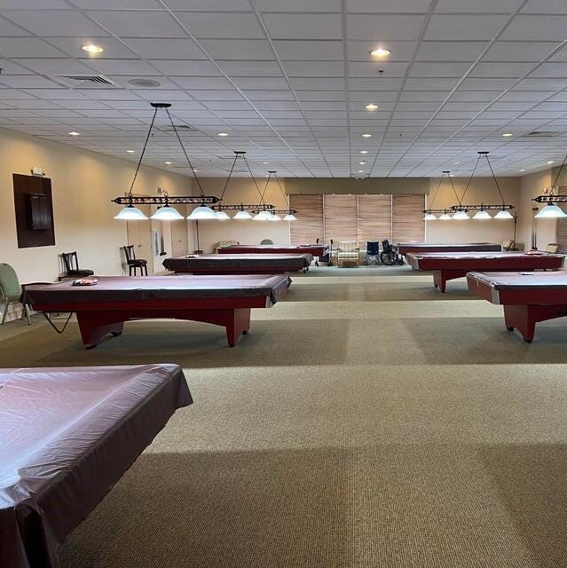 rec room with pool table, carpet, recessed lighting, and a paneled ceiling
