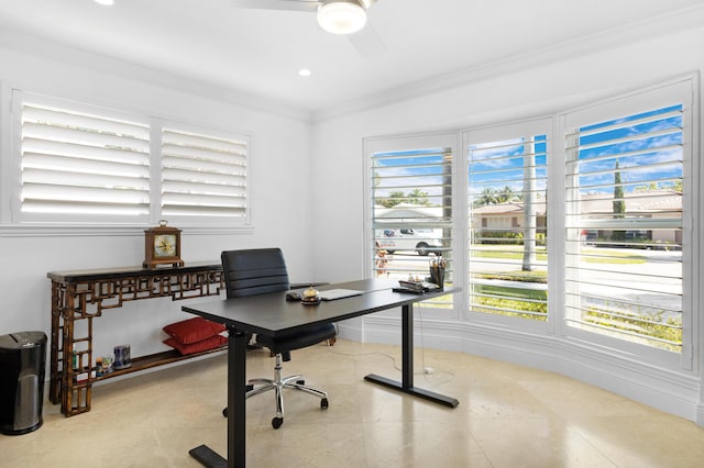 6611 NE 21st Ln, Fort Lauderdale, FL 33308 - office space featuring a ceiling fan, recessed lighting, crown molding, and plenty of natural light