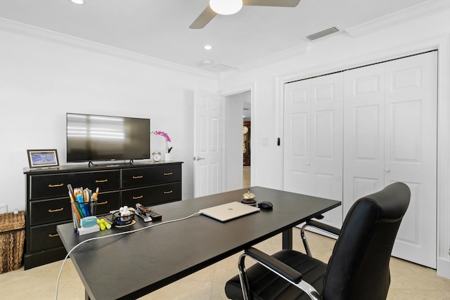6611 NE 21st Ln, Fort Lauderdale, FL 33308 - office featuring crown molding, recessed lighting, light tile patterned floors, visible vents, and a ceiling fan