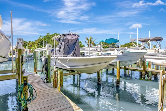 view of dock with boat lift and a water view