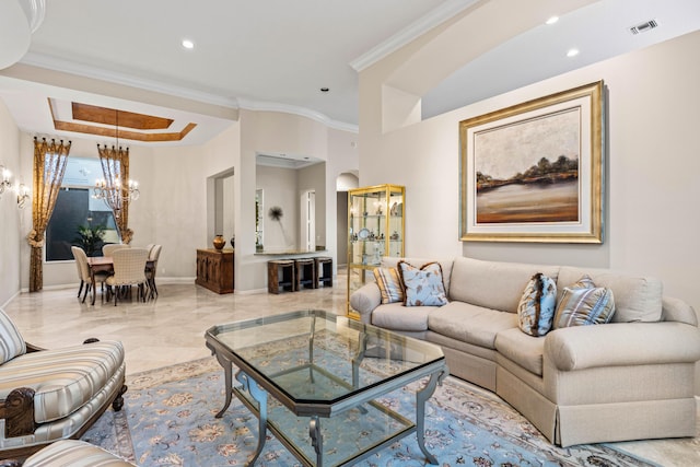 16137 Via Monteverde, Delray Beach, FL 33446 - living area with ornamental molding, baseboards, a chandelier, a raised ceiling, and visible vents