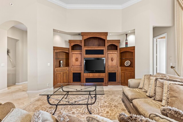 16137 Via Monteverde, Delray Beach, FL 33446 - living room with baseboards, ornamental molding, a high ceiling, and arched walkways
