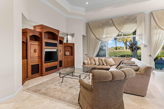 16137 Via Monteverde, Delray Beach, FL 33446 - living room with crown molding, recessed lighting, baseboards, a high ceiling, and a raised ceiling