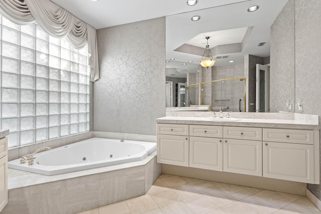 16137 Via Monteverde, Delray Beach, FL 33446 - full bathroom with vanity, recessed lighting, a whirlpool tub, tile patterned floors, and a stall shower