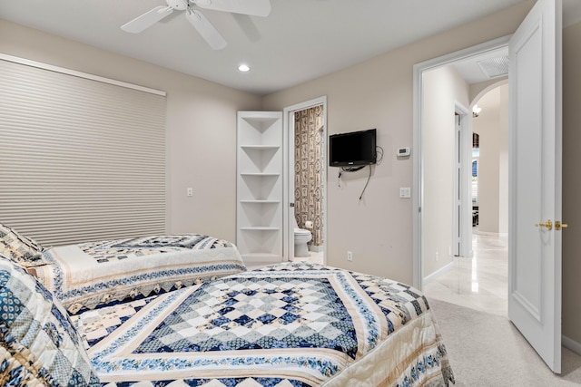 16137 Via Monteverde, Delray Beach, FL 33446 - bedroom with light colored carpet, recessed lighting, baseboards, arched walkways, and a ceiling fan