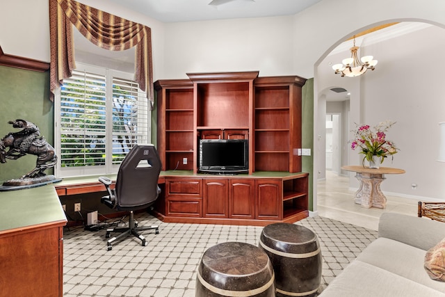 16137 Via Monteverde, Delray Beach, FL 33446 - home office featuring baseboards, a notable chandelier, and arched walkways