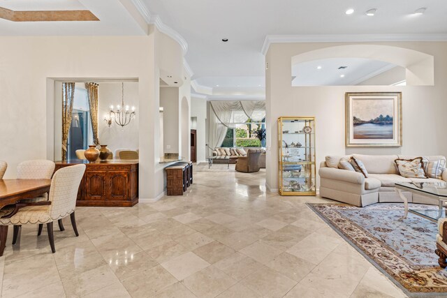 16137 Via Monteverde, Delray Beach, FL 33446 - interior space with arched walkways, a notable chandelier, recessed lighting, and crown molding