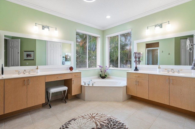 full bathroom with two vanities, a sink, a shower stall, and ornamental molding