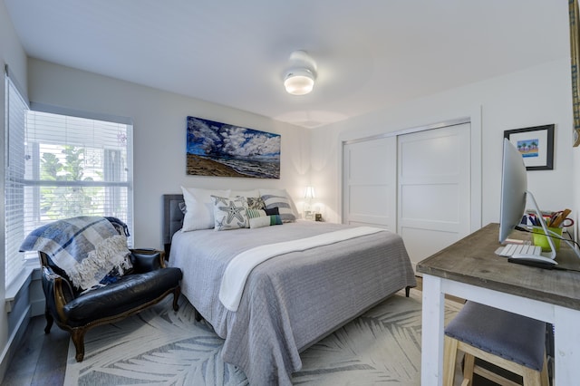 bedroom featuring wood finished floors and a closet