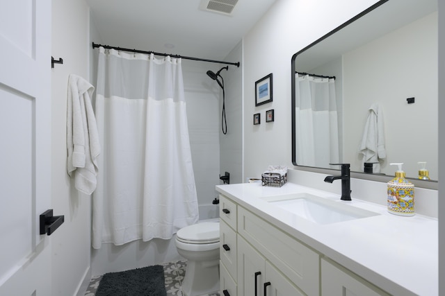 bathroom with tile patterned floors, toilet, visible vents, shower / bathtub combination with curtain, and vanity