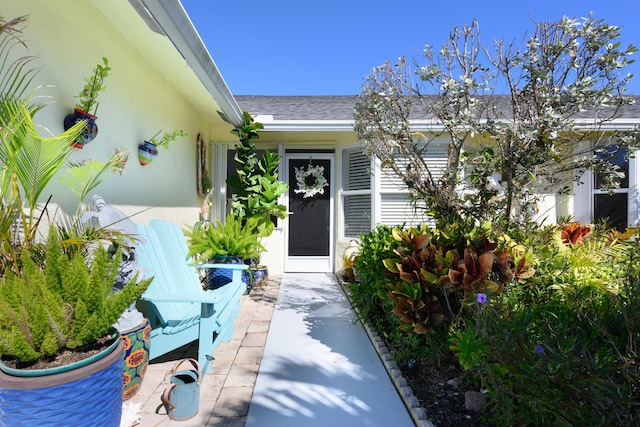 property entrance with stucco siding and a shingled roof