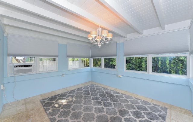 340 Russlyn Dr, West Palm Beach, FL 33405 - unfurnished sunroom with a chandelier, beam ceiling, cooling unit, and stone finish flooring