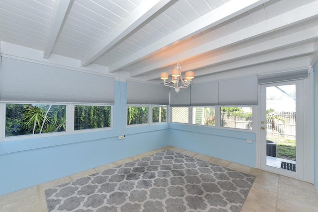 340 Russlyn Dr, West Palm Beach, FL 33405 - unfurnished sunroom with a chandelier and beamed ceiling
