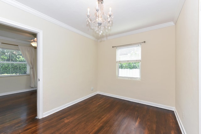 340 Russlyn Dr, West Palm Beach, FL 33405 - unfurnished room featuring dark wood finished floors, a chandelier, baseboards, ornamental molding, and ceiling fan