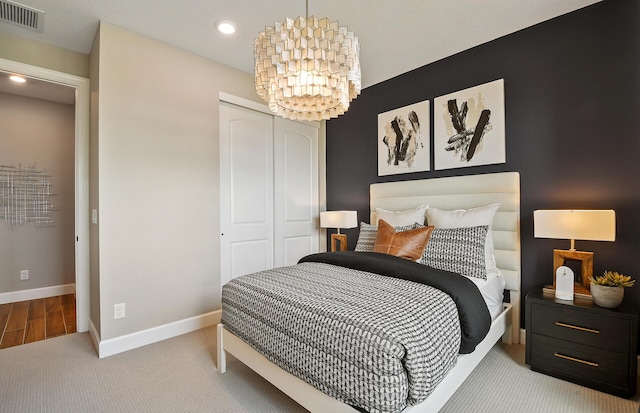 13532 Sw Vermillion Circle Palmary, Port Saint Lucie, FL 34987 - carpeted bedroom with a chandelier, a closet, baseboards, and recessed lighting