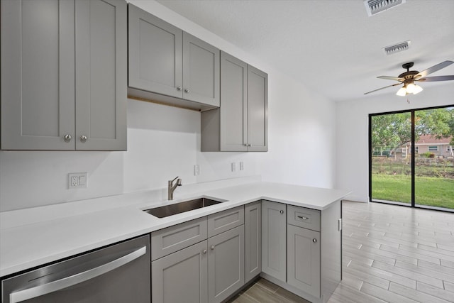 kitchen with stainless steel dishwasher, a sink, visible vents, and gray cabinetry