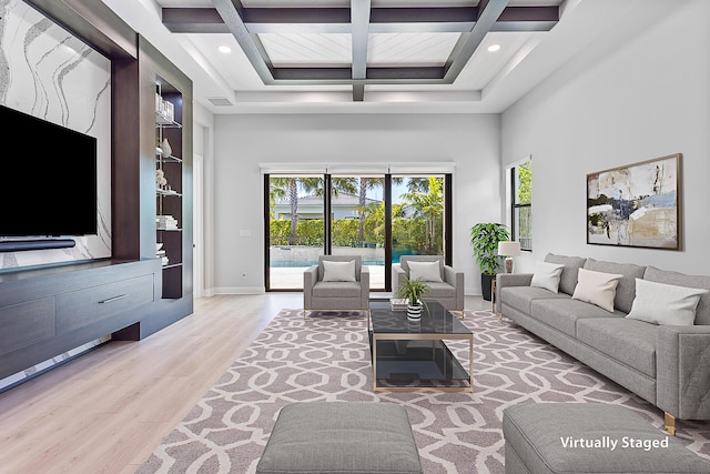 13471 Artisan Cir, Palm Beach Gardens, FL 33418 - living area with coffered ceiling, wood finished floors, beam ceiling, a high ceiling, and recessed lighting