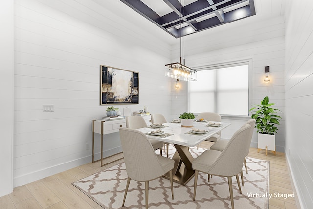 13471 Artisan Cir, Palm Beach Gardens, FL 33418 - dining room with coffered ceiling, wood finished floors, beamed ceiling, a chandelier, and wooden walls