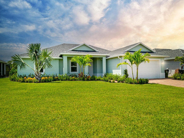 view of front of home featuring driveway, a garage, a front lawn, roof with shingles, and stucco siding