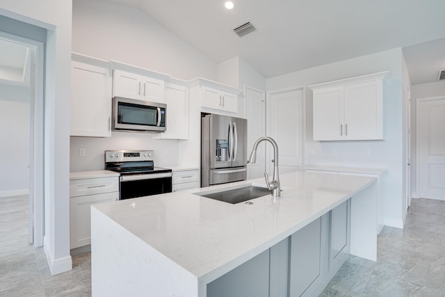 kitchen featuring white cabinets, visible vents, appliances with stainless steel finishes, an island with sink, and a sink