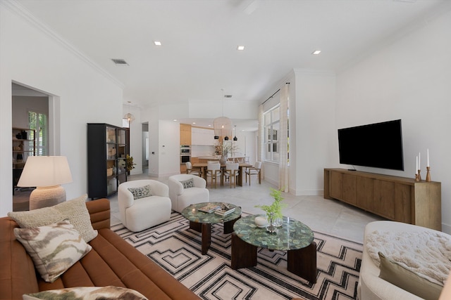 2651 Players Ct, Wellington, FL 33414 - living room featuring crown molding, light tile patterned floors, baseboards, and recessed lighting
