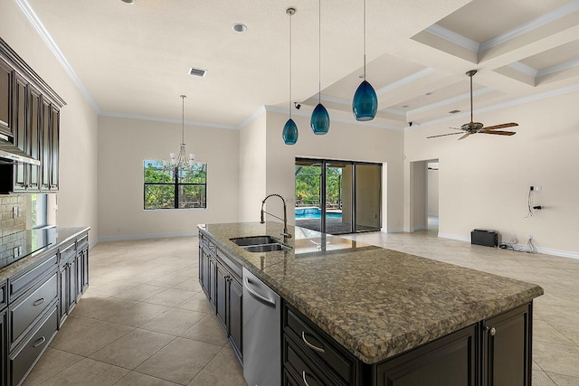 kitchen with crown molding, an island with sink, a sink, and plenty of natural light