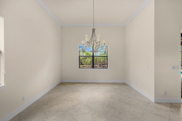unfurnished dining area featuring crown molding, baseboards, and a notable chandelier