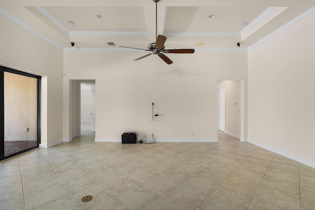 unfurnished living room featuring a high ceiling, ornamental molding, a ceiling fan, and coffered ceiling