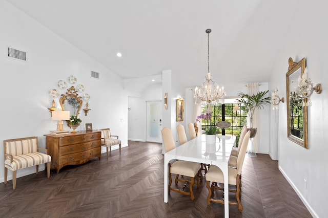 3510 Embassy Dr, West Palm Beach, FL 33401 - dining space featuring visible vents, a notable chandelier, high vaulted ceiling, recessed lighting, and baseboards