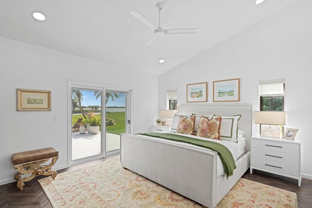 3510 Embassy Dr, West Palm Beach, FL 33401 - bedroom with baseboards, recessed lighting, ceiling fan, access to exterior, and vaulted ceiling