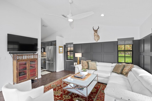 3510 Embassy Dr, West Palm Beach, FL 33401 - living area featuring recessed lighting, visible vents, high vaulted ceiling, and ceiling fan