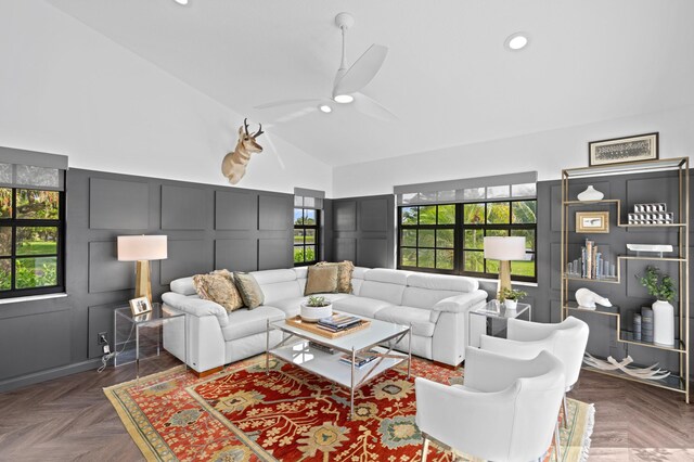 3510 Embassy Dr, West Palm Beach, FL 33401 - living room featuring a decorative wall, recessed lighting, high vaulted ceiling, and ceiling fan