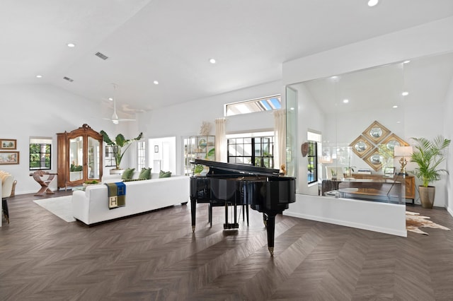 3510 Embassy Dr, West Palm Beach, FL 33401 - living room featuring visible vents, recessed lighting, high vaulted ceiling, and baseboards