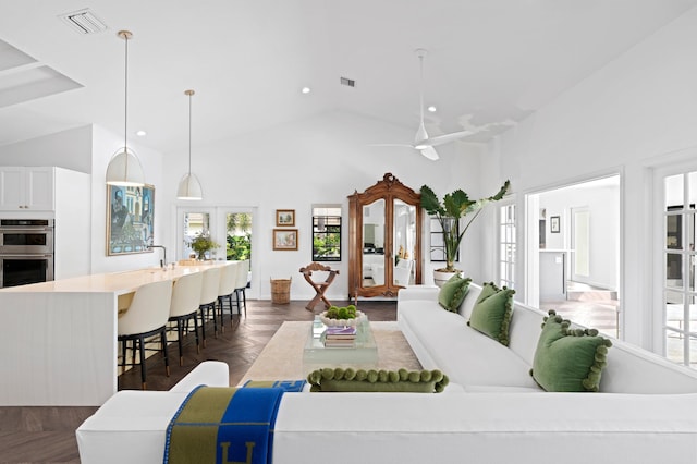 3510 Embassy Dr, West Palm Beach, FL 33401 - living room with visible vents, recessed lighting, high vaulted ceiling, and ceiling fan