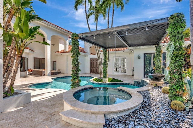 6131 NW 30th Ave, Boca Raton, FL 33496 - view of pool featuring a patio area, an outdoor living space, french doors, and a pool with connected hot tub