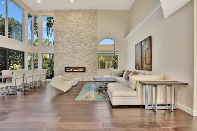 6131 NW 30th Ave, Boca Raton, FL 33496 - living room featuring wood finish floors, baseboards, a stone fireplace, and a towering ceiling