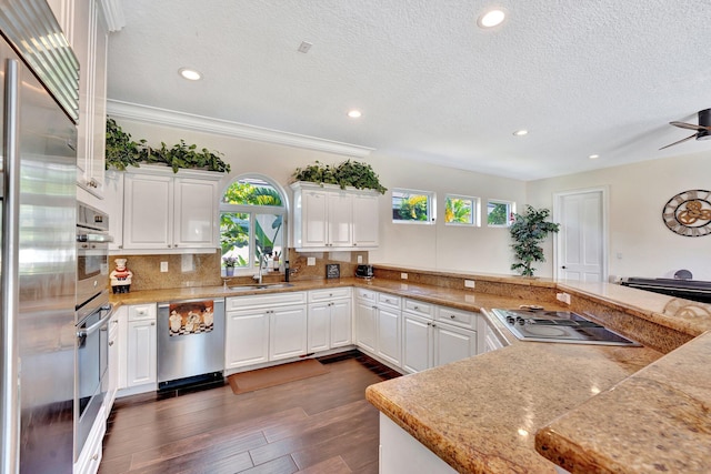 6131 NW 30th Ave, Boca Raton, FL 33496 - kitchen with a sink, stainless steel appliances, light countertops, decorative backsplash, and dark wood-style flooring